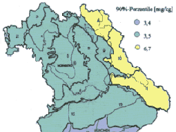 Übersichtskarte von Bayern mit farblischer Darstellung des Zinn-Gehaltes in den Oberböden der bayerischen Waldböden.