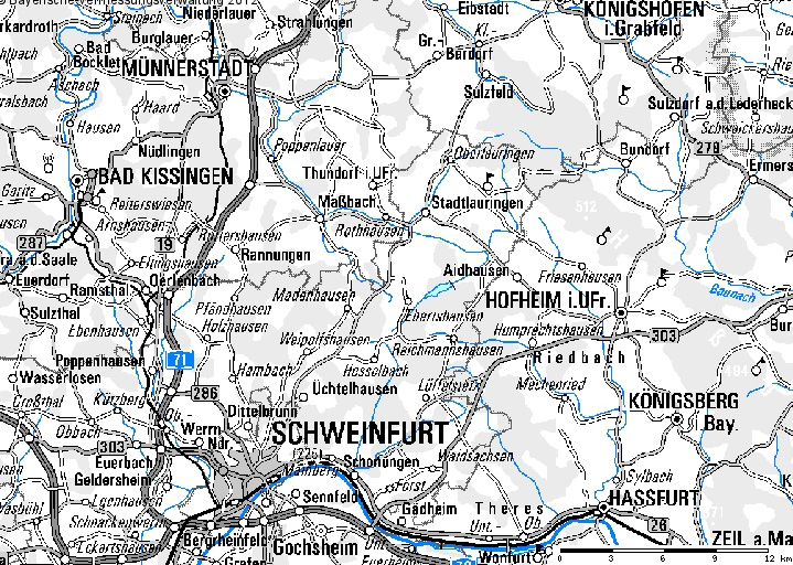 Ausschnitt der topographischen Karte, Bereich Schweinfurt mit Darstellung der Überschwemmungsgebiete; bei Mausklick Aufruf des Kartendienstes Überschwemmungsgefährdete Gebiete in Bayern; bei Mausklick Aufruf des Kartendienstes Überschwemmungsgefährdete Gebiete in Bayern